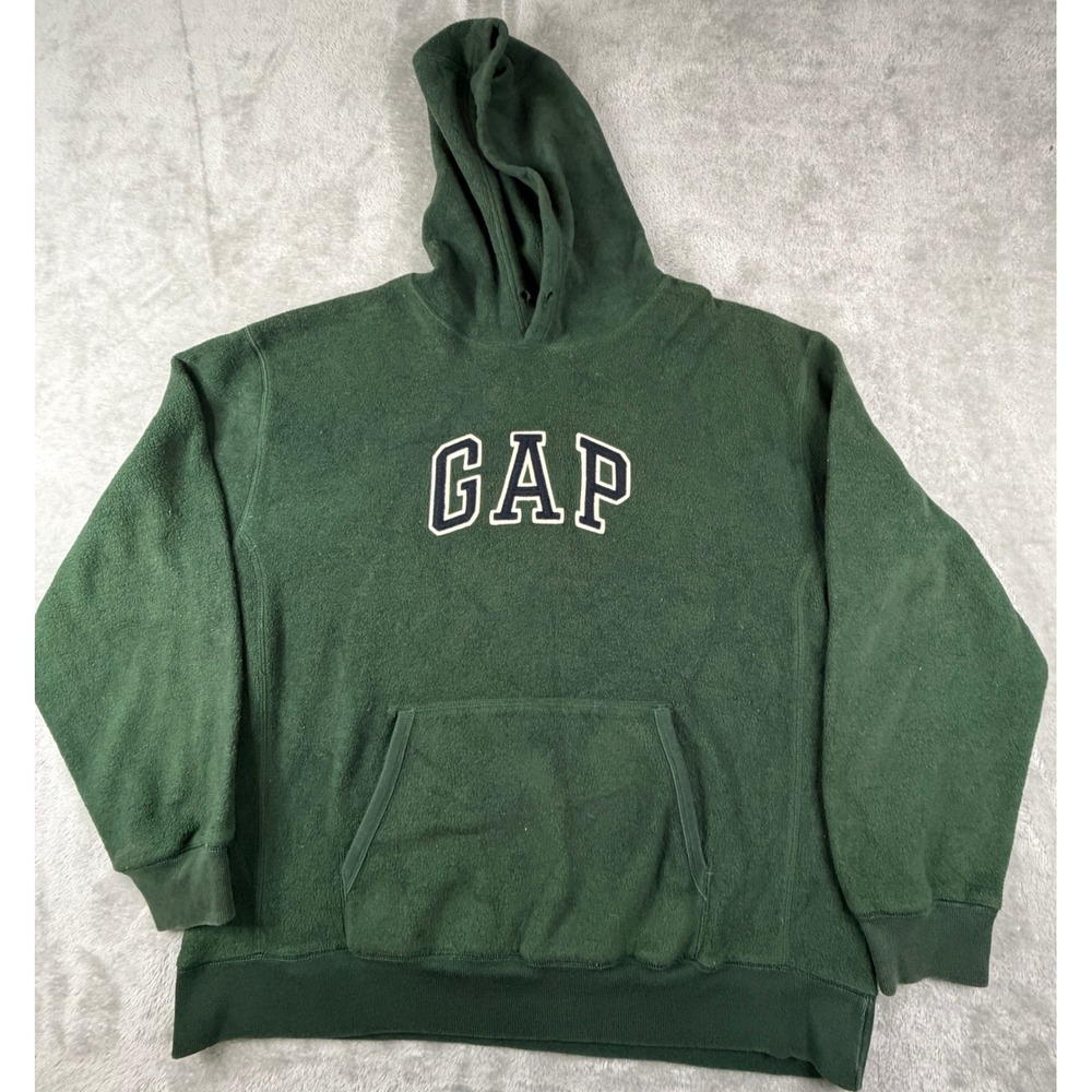 GAP Fleece Hoodie Mens Large Green Embroidered Logo Pullover Sweatshirt
